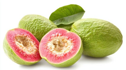 Wall Mural - Guavas with a green exterior, some sliced to reveal the vibrant pink interior, isolated on white