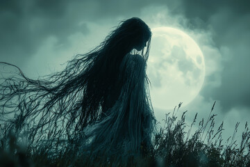 Sticker - A mysterious banshee with flowing hair and an ethereal glow, haunting a moonlit moor and wailing softly. Concept of ghostly presence and folklore.