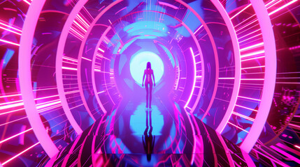 Wall Mural - 3D person silhouette stands in empty futuristic virtual reality space tunnel with glow holographic circular arch and digital blue runway cyberpunk fashion technology web cyan pink stage background