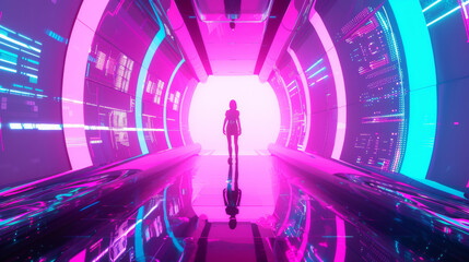 3D person silhouette stands in empty futuristic virtual reality space tunnel with glow holographic circular arch and digital blue runway cyberpunk fashion technology web cyan pink stage background