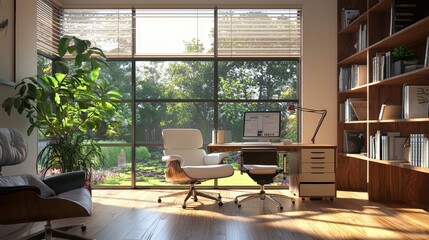 Wall Mural - Home office with energy-efficient equipment and natural lighting, reducing overall energy consumption