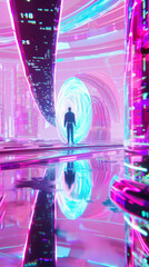 Wall Mural - 3D person silhouette stands in empty futuristic virtual reality space with glowing holographic curve neon lines and digital interfaces cyberpunk sci-fi fashion technology pink blue fun park poster