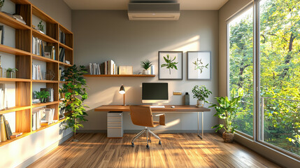 Wall Mural - Home office with energy-efficient equipment and natural lighting, reducing overall energy consumption