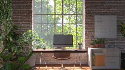 Wall Mural - Home office with energy-efficient windows and eco-friendly decor, reducing overall energy use