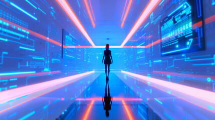 Wall Mural - 3D person silhouette stands in empty futuristic virtual reality space with glowing holographic beam lines and digital interfaces cyberpunk sci-fi fashion technology web blue background