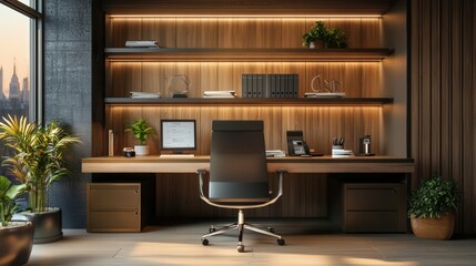 Wall Mural - Home office with LED lighting and eco-friendly materials, reducing carbon footprint