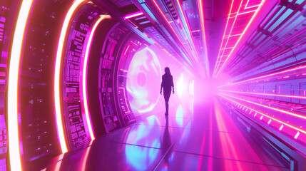 3D person silhouette stands in empty futuristic virtual reality space tunnel with glowing holographic beam lines and digital interfaces cyberpunk sci-fi fashion technology web purple pink background