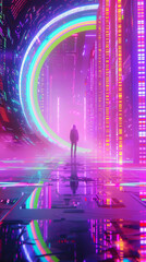 Wall Mural - 3D person silhouette stands in empty futuristic virtual reality space platform with glow holographic circular foor and ceiling for brain computer upload concept cyberpunk technology web purple poster