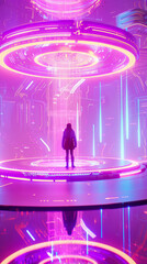 Wall Mural - 3D person silhouette stands in empty futuristic virtual reality space platform with glow holographic circular foor and ceiling for brain computer upload concept cyberpunk technology web pink poster