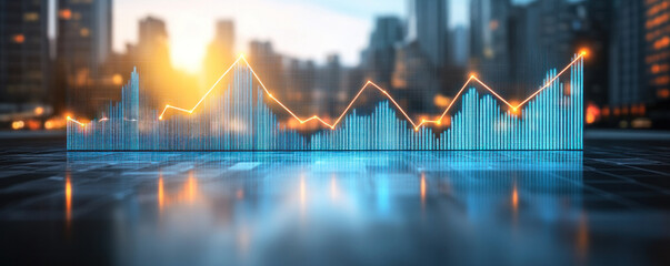 A graph of a city skyline with a sun in the background. The graph is blue and orange