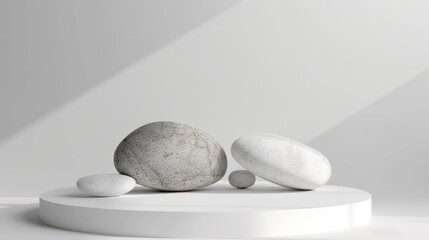 Sticker - White podium with three stone rocks for product display with copy space for promotions and cosmetic showcases.