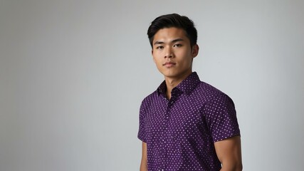 teen stunning brunette asian man with purple shirt model portrait standing straight on a plain white background for ad concept space for text