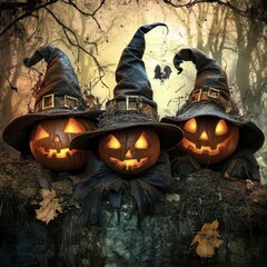 Poster - Three carved pumpkins with witch hats glowing in a spooky forest at dusk