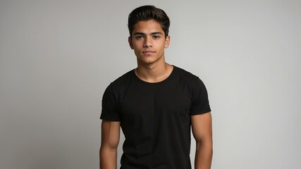 Wall Mural - teen stunning brunette hispanic man with black shirt model portrait standing straight on a plain white background for ad concept space for text