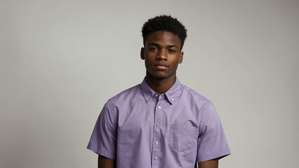 Wall Mural - teen stunning brunette subsaharan african man with purple shirt model portrait standing straight on a plain white background for ad concept space for text