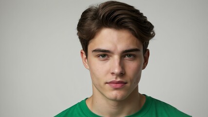 Wall Mural - teen stunning brunette white man with green shirt model portrait standing straight on a plain white background for ad concept space for text