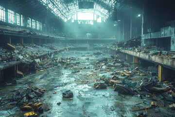 Wall Mural - A heavily damaged sports stadium from a recent hurricane, with debris scattered in the stands. Concept of public facility damage and storm recovery.