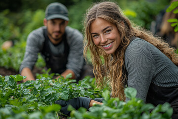 A couple planting a garden together, working side by side and smiling. Concept of teamwork and growth.