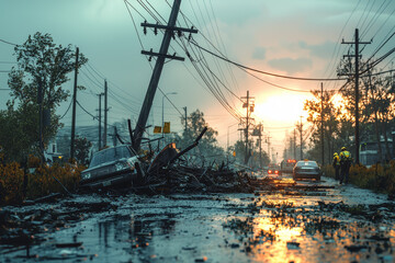 Sticker - A collapsed utility pole and downed power lines after a windstorm, with crews working to restore service. Concept of power restoration and storm impact.