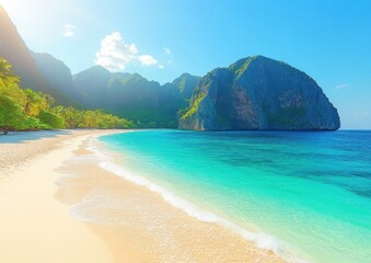 Sticker - Stunning Tropical Beach with Crystal Clear Waters and Lush Green Cliffs Under a Bright Sunny Sky Perfect for Dream Vacation Getaway