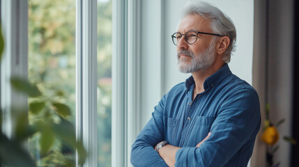 Attractive mature man leaning on the sill of a large bright window with copy space looking away