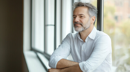 Wall Mural - Attractive mature man leaning on the sill of a large bright window with copy space looking away