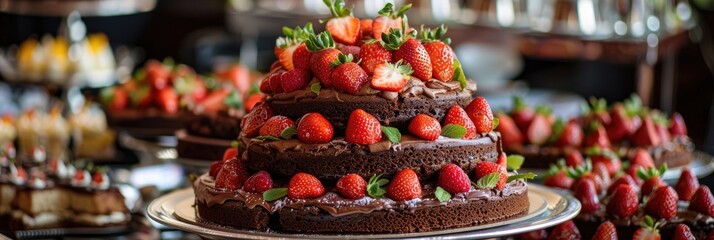 Poster - Brownie cake garnished with fresh strawberries showcased on a dessert table, featuring a variety of cakes and sweets in a buffet setting.