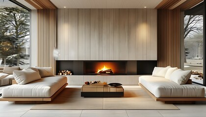 The modern interior design has comfortable sofas and fireplaces in the spacious and bright space. The wall decoration is simple and elegant, full of warm atmosphere.