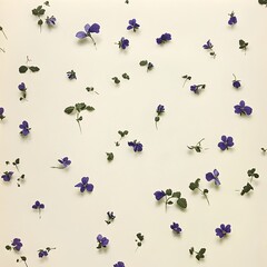 Wall Mural - Delicate and Elegant Wallpaper Design Featuring a Scattered Pattern of Small Violet Flowers and Lush Green Leaves on a Light Cream Background