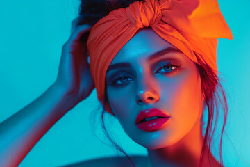 Wall Mural - Modern Woman in Neon Orange Headband with Solid Neon Blue Background Bold Fashion Portrait