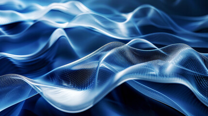 3D white dynamic flowing luxury silk curves with glowing waves in glossy blue abstract fashion technology textile wallpaper background