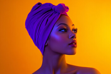 Wall Mural - Stylish Woman in Neon Purple Head Wrap with Solid Neon Orange Background Modern Portrait