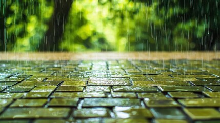 Wall Mural - Rain falling on wet pavement with blurred green background