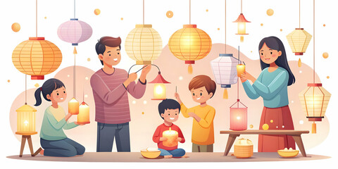 Mid Autumn Festival Lantern Making: Children and Adults Crafting Glowing Lanterns in Abstract Glow Scene with Creative Light Trails. Close-Up Hands Focus. Flat Vector Illustration in Smart Business To