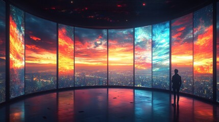 Wall Mural - A solitary figure stands in a futuristic room with panoramic views of a city skyline, overlooking a dramatic, colorful sunset.