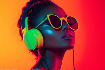 Wall Mural - Modern Woman in Neon Green Headphones with Solid Neon Orange Background Bold Lifestyle Portrait