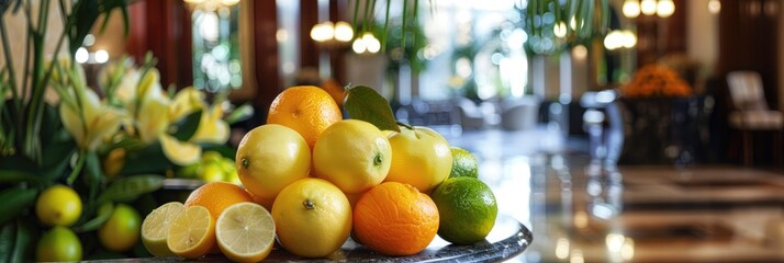 Poster - Collection of citrus fruits such as oranges, lemons, and limes displayed in a luxurious setting, exuding freshness and health.