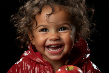 Sticker - A toddler eagerly biting into a bright red apple, juices dripping down their chin. Concept of healthy eating and joy. Generative Ai.