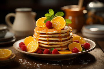 Canvas Print - A cheerful breakfast scene with a stack of mini pancakes adorned with a smiley face made of fruit. Concept of creative food presentation and delight. Generative Ai.