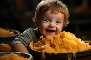 Sticker - A baby enjoying their first taste of mashed sweet potatoes, wide eyes expressing curiosity. Concept of introducing solids and exploration. Generative Ai.