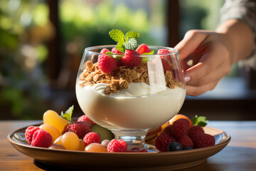 Wall Mural - A bowl of yogurt topped with granola and fresh fruit, a spoon ready for tiny hands. Concept of healthy snacks and balance. Generative Ai.