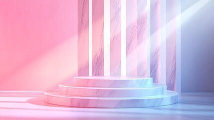 Wall Mural - Minimalist White Marble Podium with Pink and Blue Gradient Lighting