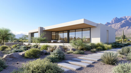 Modern desert house with contemporary architecture surrounded by natural landscape under clear blue skies