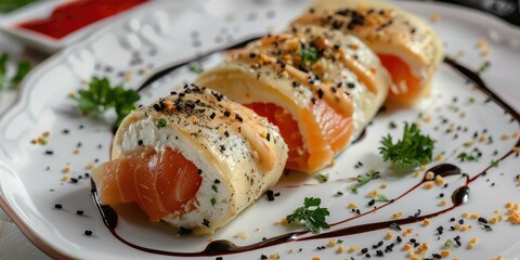 Poster - Savory Lavash Rolls with Salmon and Cheese Served on a Light-Colored Plate