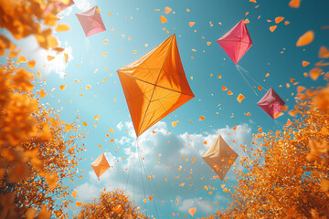 Canvas Print - A whimsical scene of colorful kites soaring against a clear, sunny sky. Concept of fun and freedom through color.