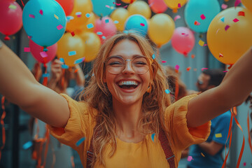 Sticker - A team of coworkers decorating the office with colorful balloons and streamers, lifting everyone's spirits. Concept of creating a joyful atmosphere at work.