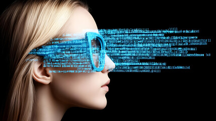 Woman wearing futuristic glasses with binary code