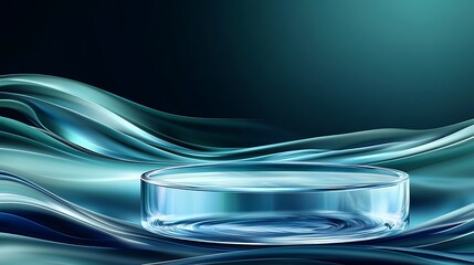 Poster - Abstract Blue Wave Background with Glass Cylinder for Product Display