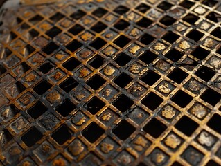 Canvas Print - Close-Up of a Rusted Metal Grate with Grid Pattern