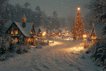 Sticker - A snow-covered village at night, with warm lights glowing in the windows and a decorated tree in the town square. Concept of community and holiday spirit.